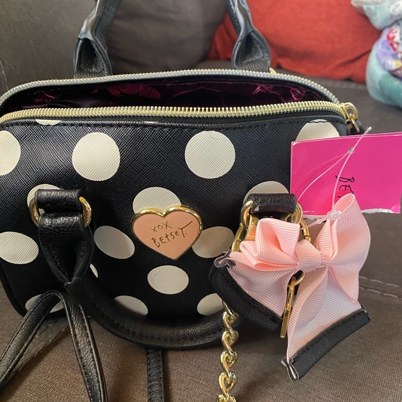 Betsey Johnson Black White Polka Dot Mini Bag Handle Small Bow Pocketbook - Picture 7 of 7